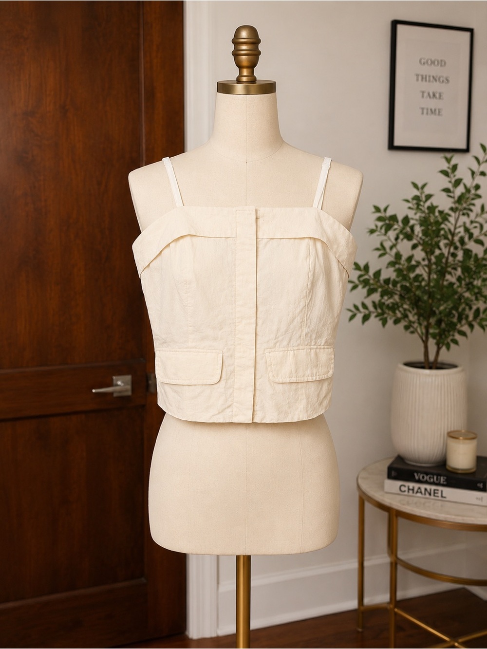 Cream Square-Neck Cropped Tank Top with Flap Pockets